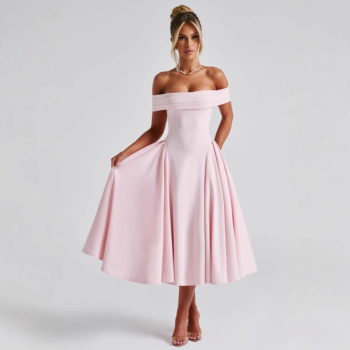 Women's Cocktail Dress with Off-Shoulder Design and Voluminous Skirt
