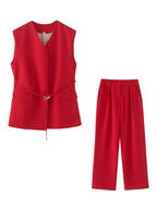 Women's Elegant Blazer and Trouser Ensemble with Modern Belt