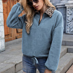 Women's Fleece Sweater with Animal Print Collar