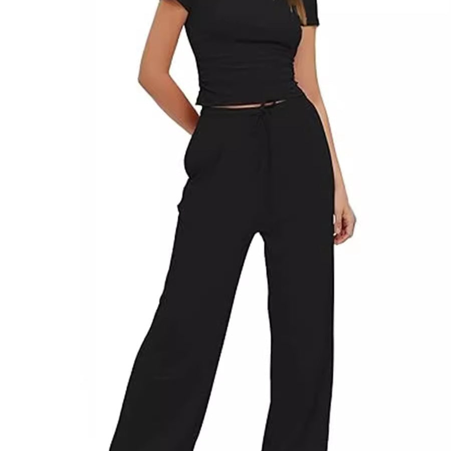 Casual Two-Piece Set with Cropped Top and Wide-Leg Pants