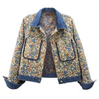 Women's Floral Denim Jacket with Patch Pockets and Collar
