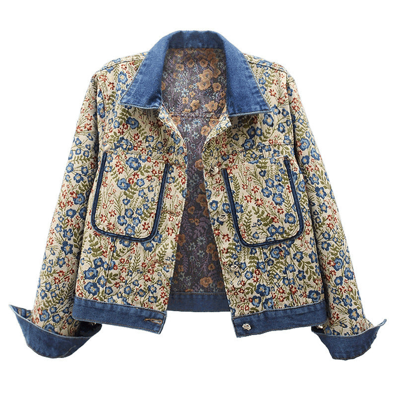 Women's Floral Denim Jacket with Patch Pockets and Collar