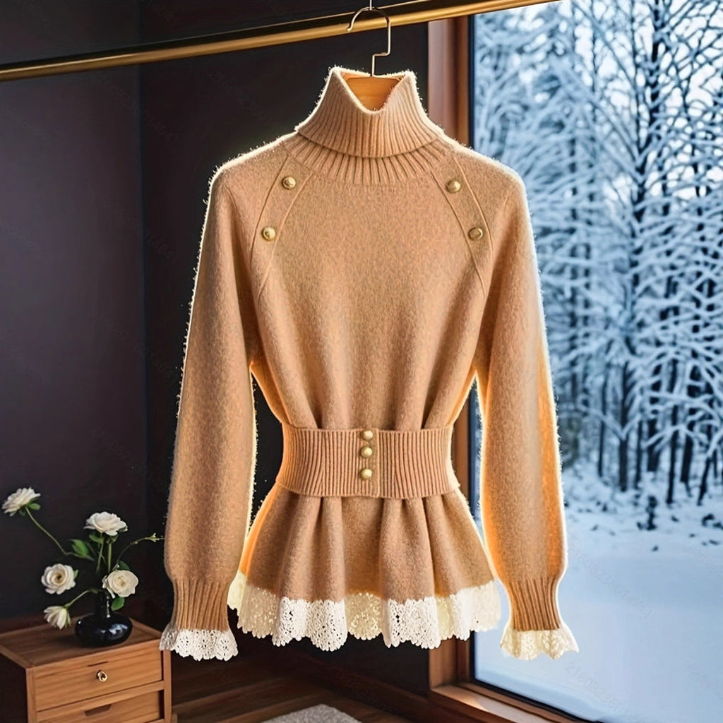 Elegant High-Neck Knit Sweater with Decorative Buttons