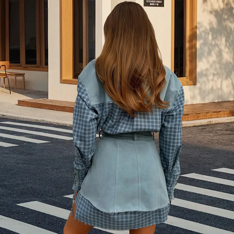 Women's Plaid Blouse with Denim Skirt
