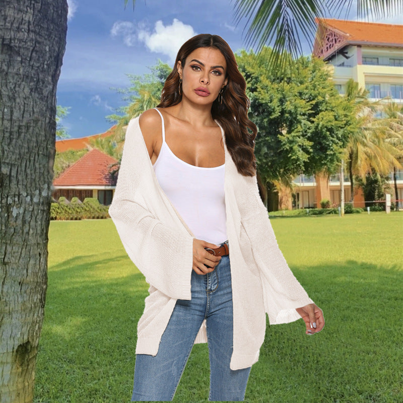 Long Knit Cardigan with Casual Cut and Wide Sleeves