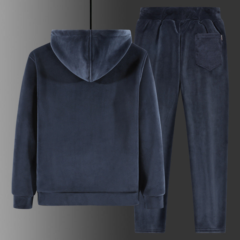 Men's fleece leisure suit with hooded jacket and thermo jogging pants