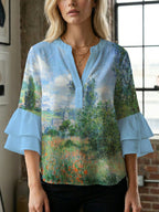 Casual Blouse with Ruffle Sleeves and Botanical Print
