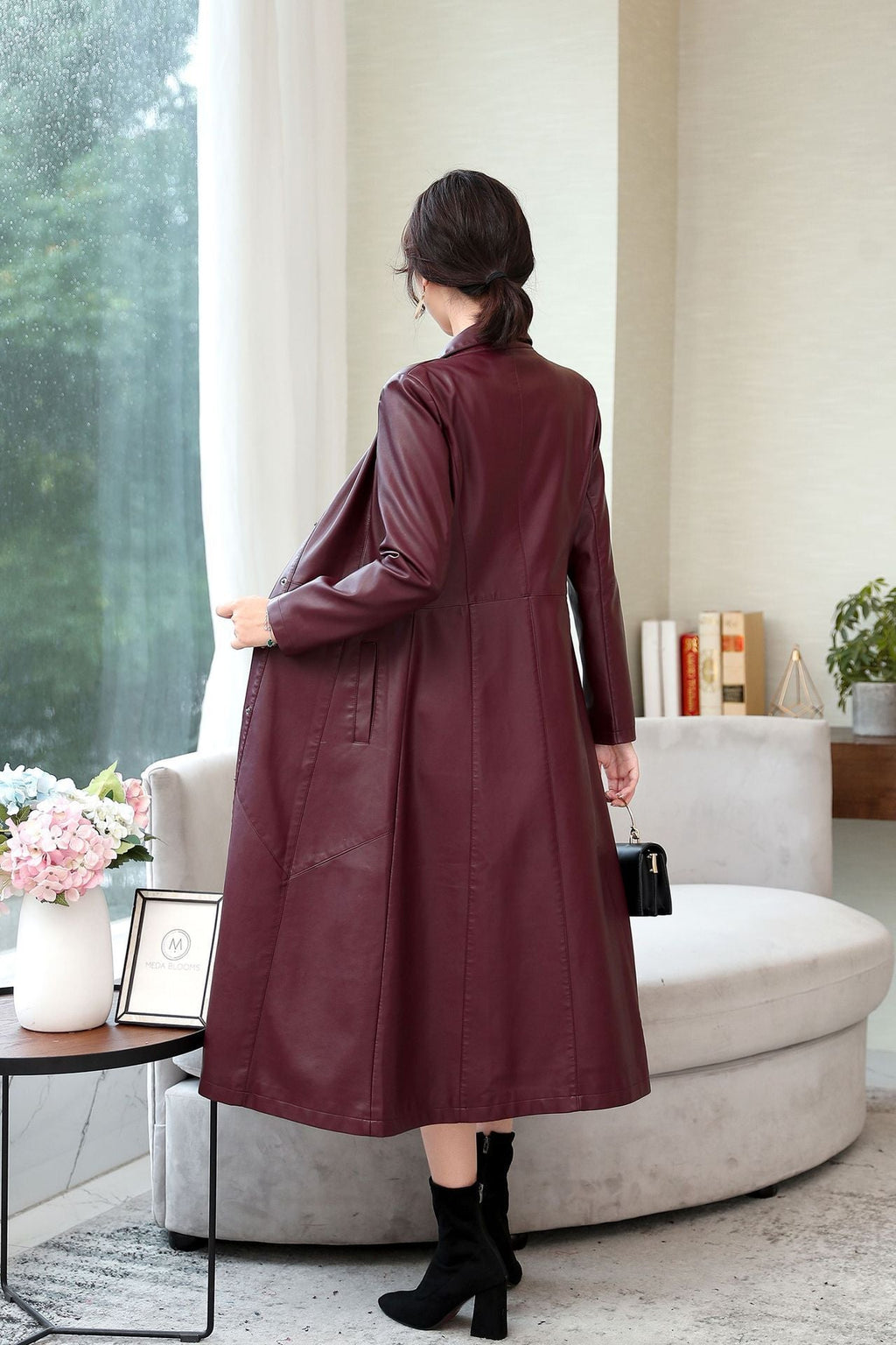 Women's Elegant Faux Leather Long Coat with Tailored Fit and Button Closure