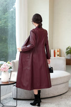 Women's Elegant Faux Leather Long Coat with Tailored Fit and Button Closure