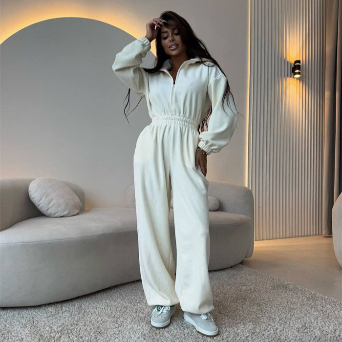 Elegant Jumpsuit with Short Zipper and Elastic Waistband