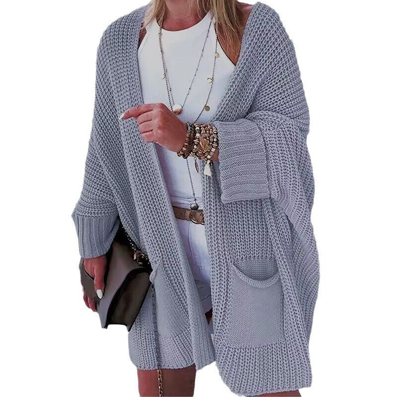 Women's Oversized Chunky Knit Cardigan with Wide Shawl Collar and Patch Pockets
