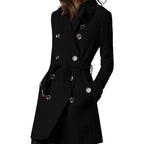 Women's Hooded Coat with Belt and Double-Breasted Button Placket