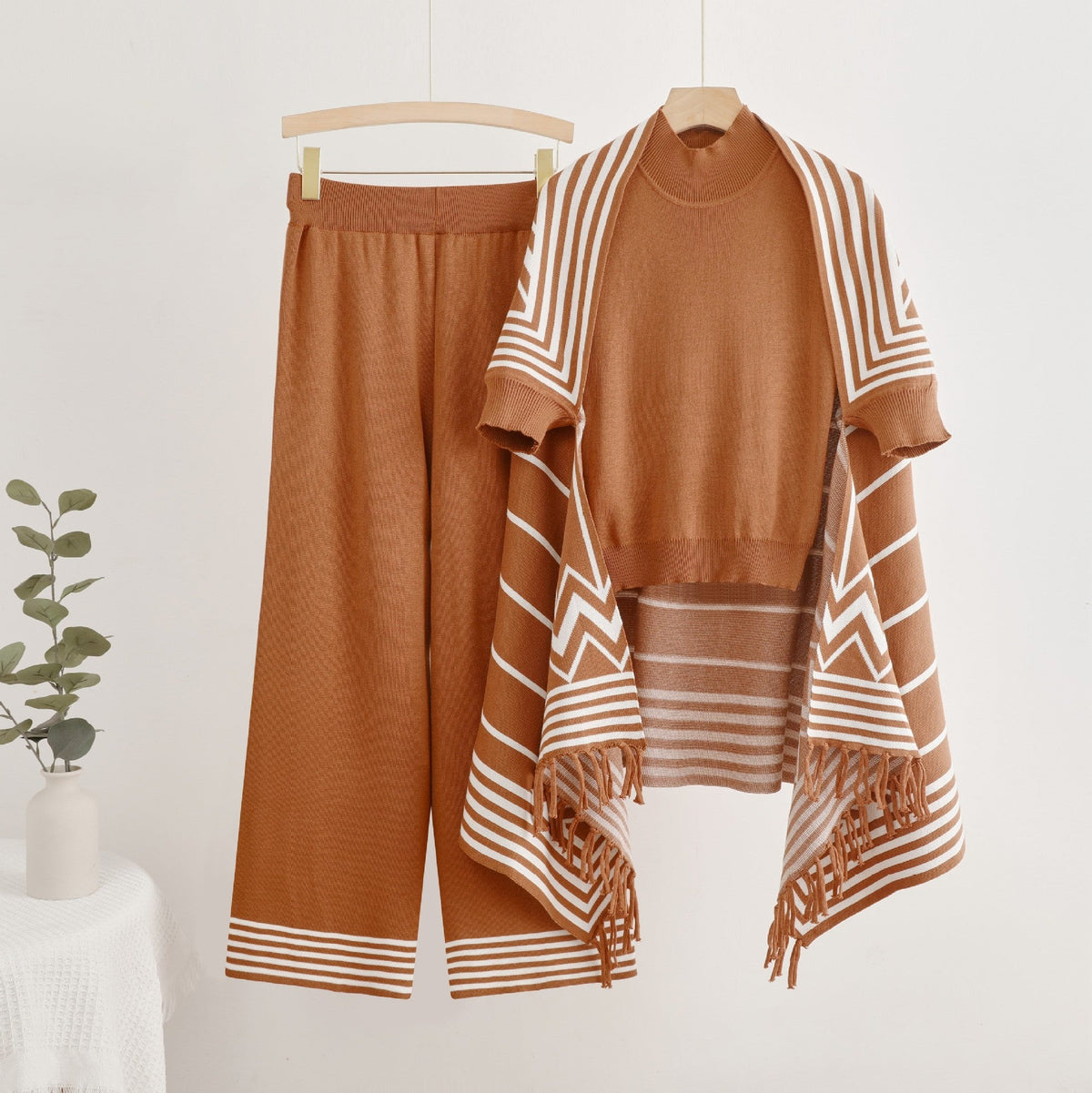 Elegant Knit Set with Mock Neck Top and Wide-Leg Pants