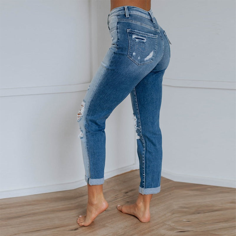 High-Waisted Destroyed Jeans