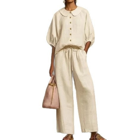 Women's Airy Two-Piece Set with Modern Collar and Button Details