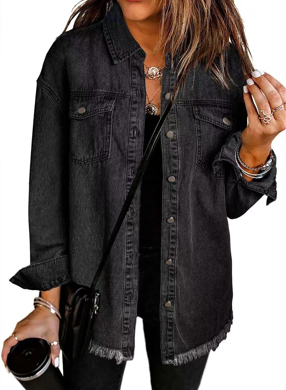 Women's Denim Overshirt with Frayed Hem