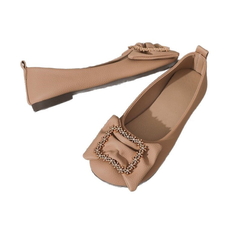 Women's Ballet Flats with Decorative Bow and Chain Ornamentation