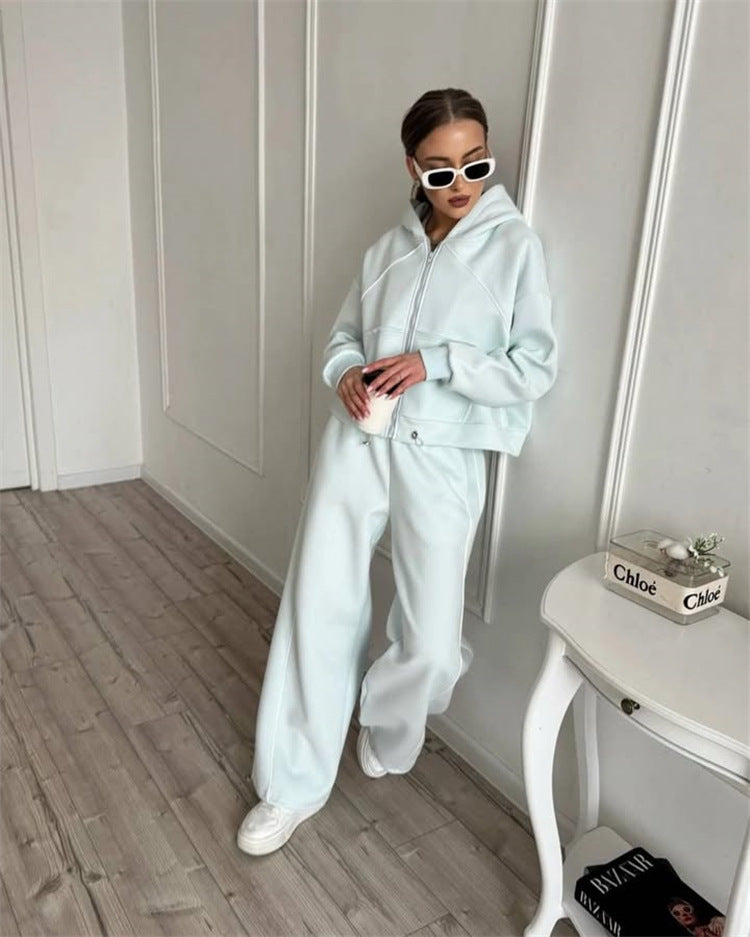 Women's Hooded Jacket and Wide Jogging Trousers Set with Contrast Stitching