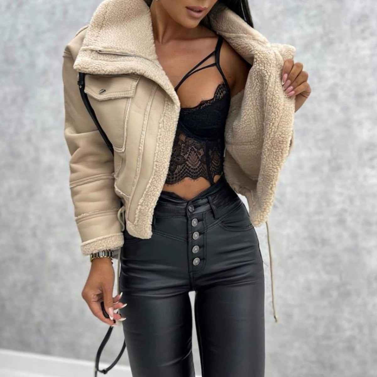 Women's Cropped Faux Leather Jacket with Cozy Teddy Lining