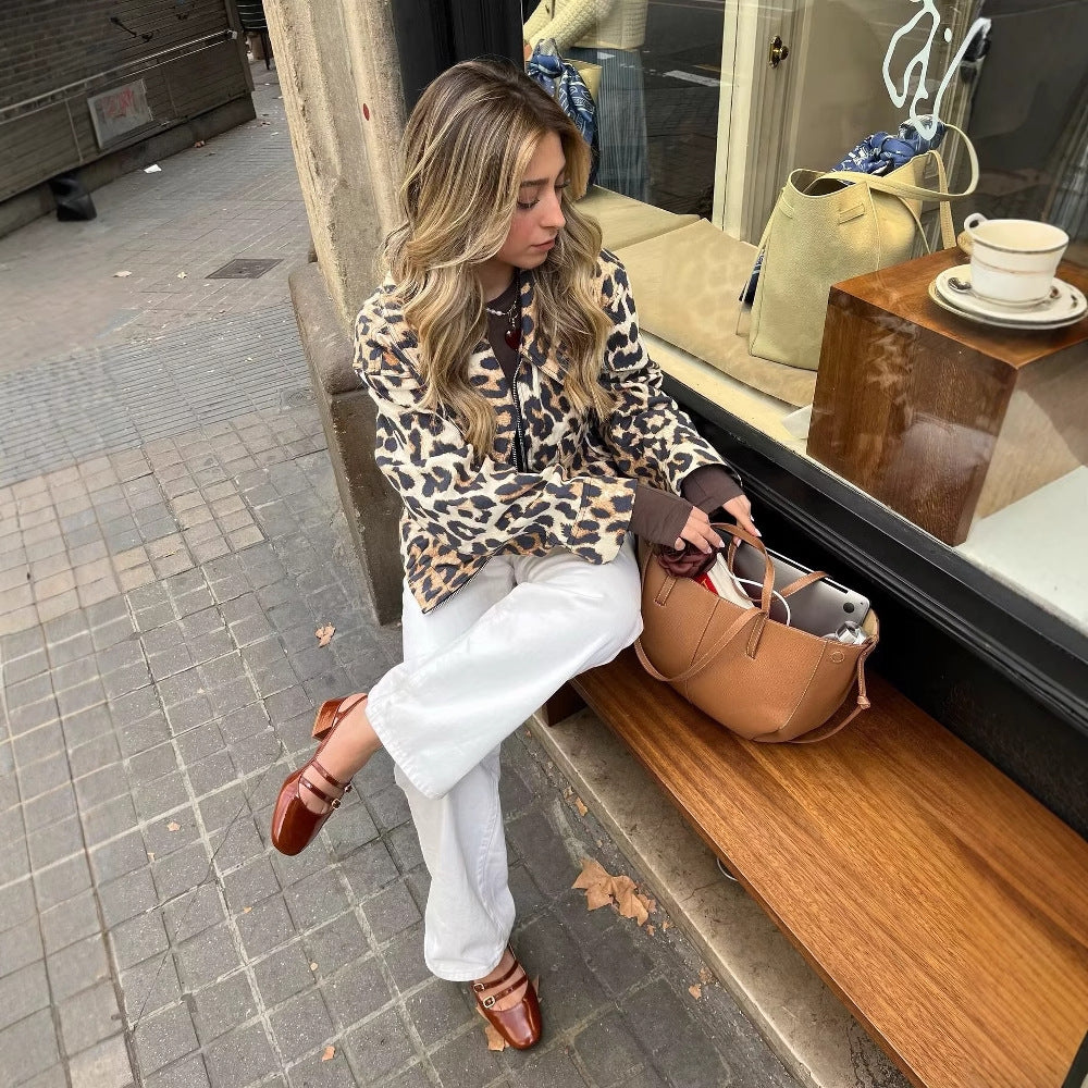 Women's Cropped Leopard Print Jacket with Snap Buttons