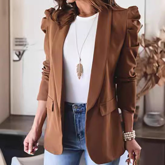 Women's Elegantly Cut Blazer Jacket with Puff Sleeves and Stylish Pockets