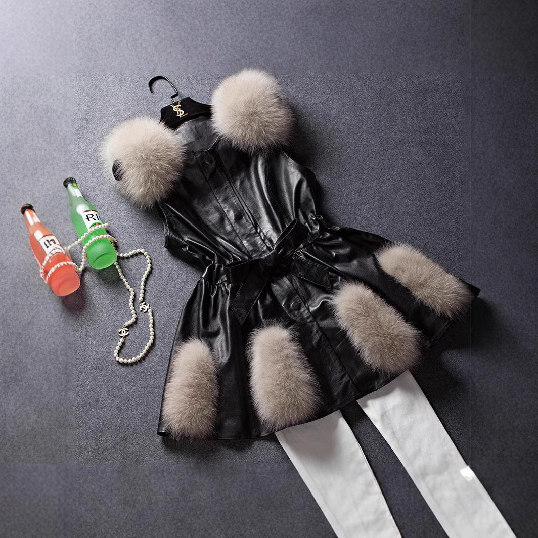 Women's Elegant Faux Leather Coat with Faux Fur Accents and Belt