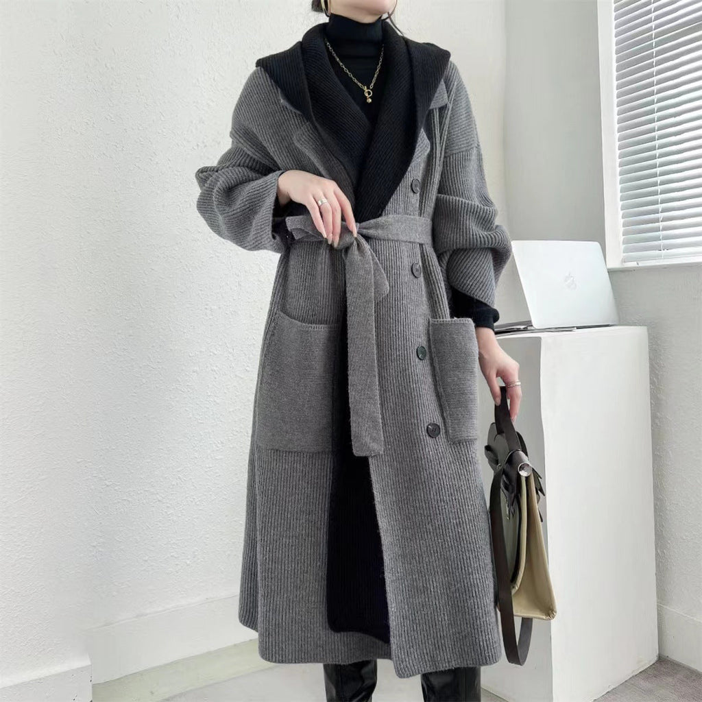 Women's Elegant Long Coat with Belt and Contrasting Sleeves