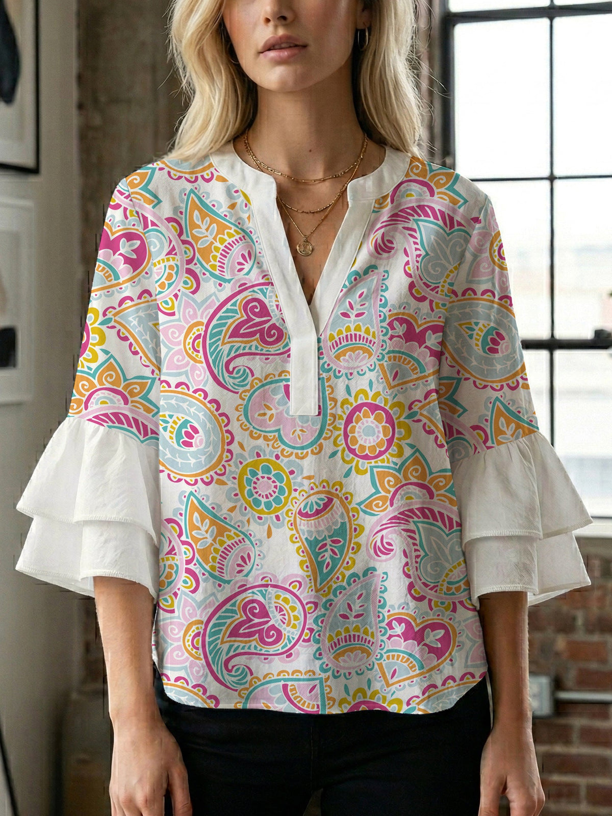 Women's Blouse with Voluminous Flutter Sleeves and Leaf Print