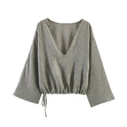 Casual Blouse with Wide V-Neck and Elastic Hem