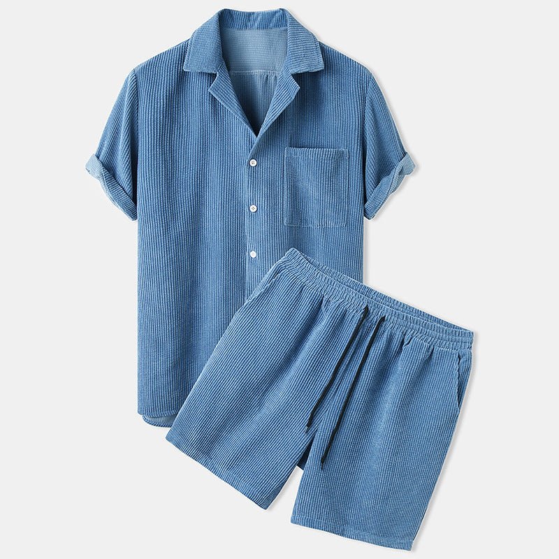 Men's short-sleeve leisure set with waffle texture, lapel collar and drawstring pants