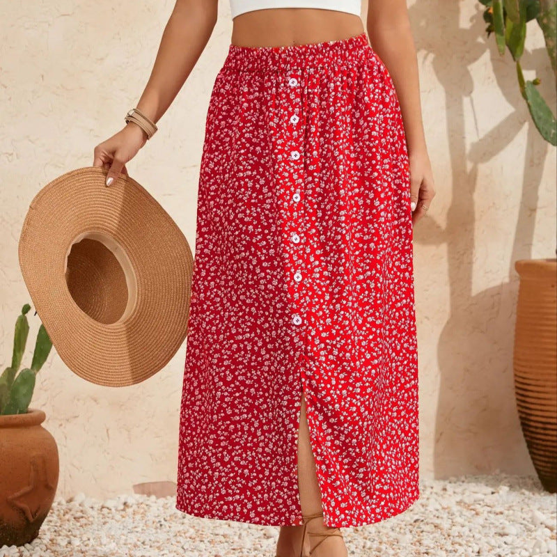 Women's Maxi Skirt with Floral Design and Button Details