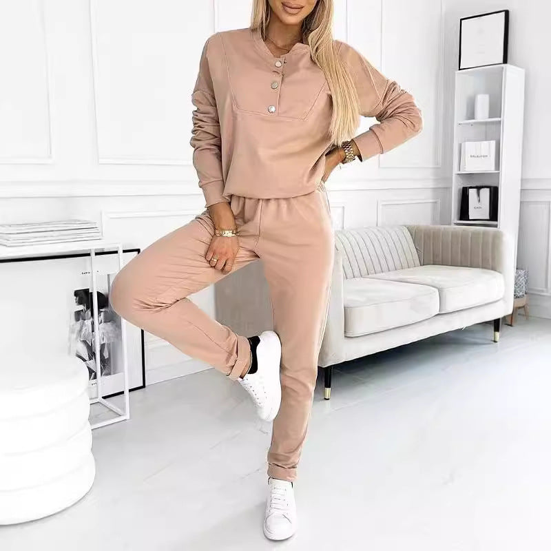 Women's Casual Jogging Suit with Elegant Button Details