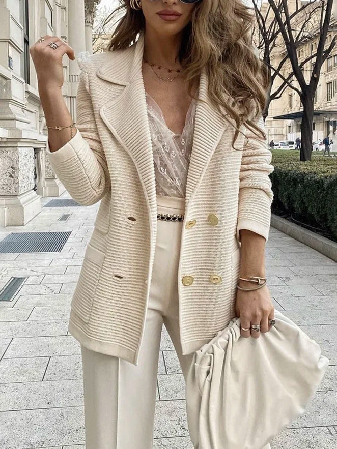 Elegant Knit Blazer with Double Button Placket and Pockets