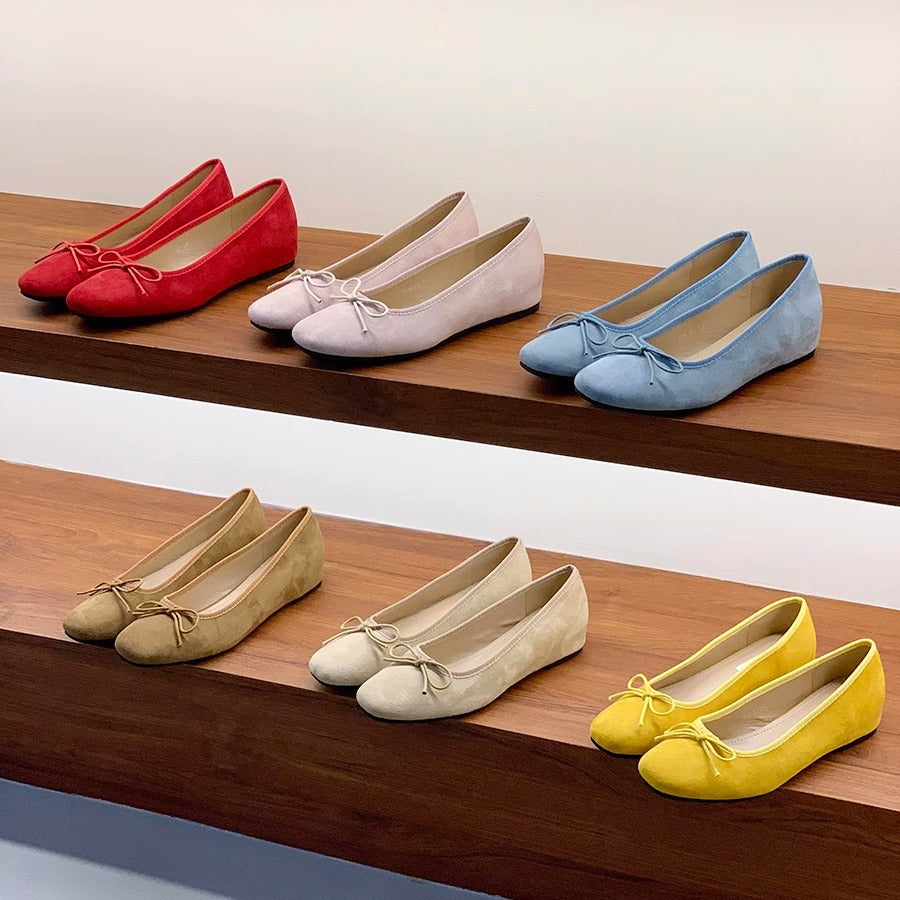 Women's Suede Ballet Flats with Playful Bow Detail