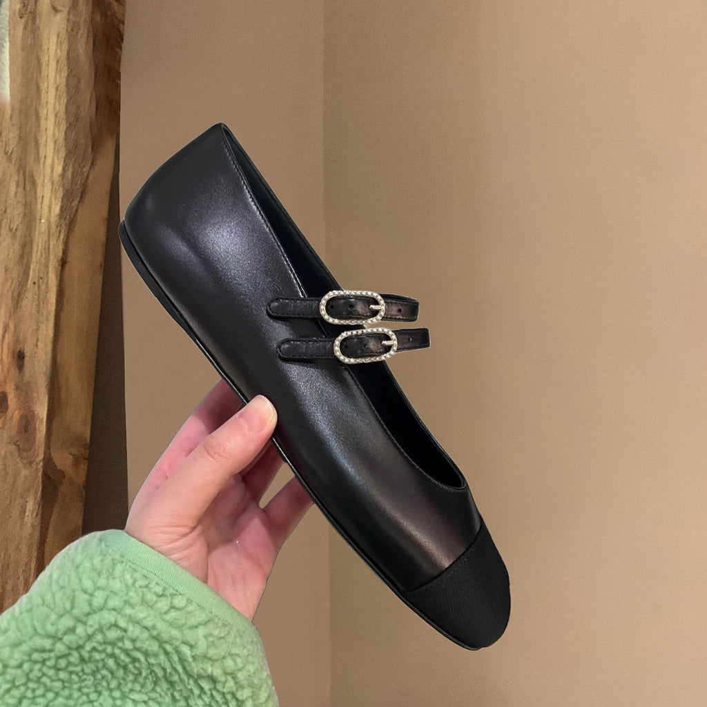 Women's Ballet Flats with Double Strap and Sparkling Buckles