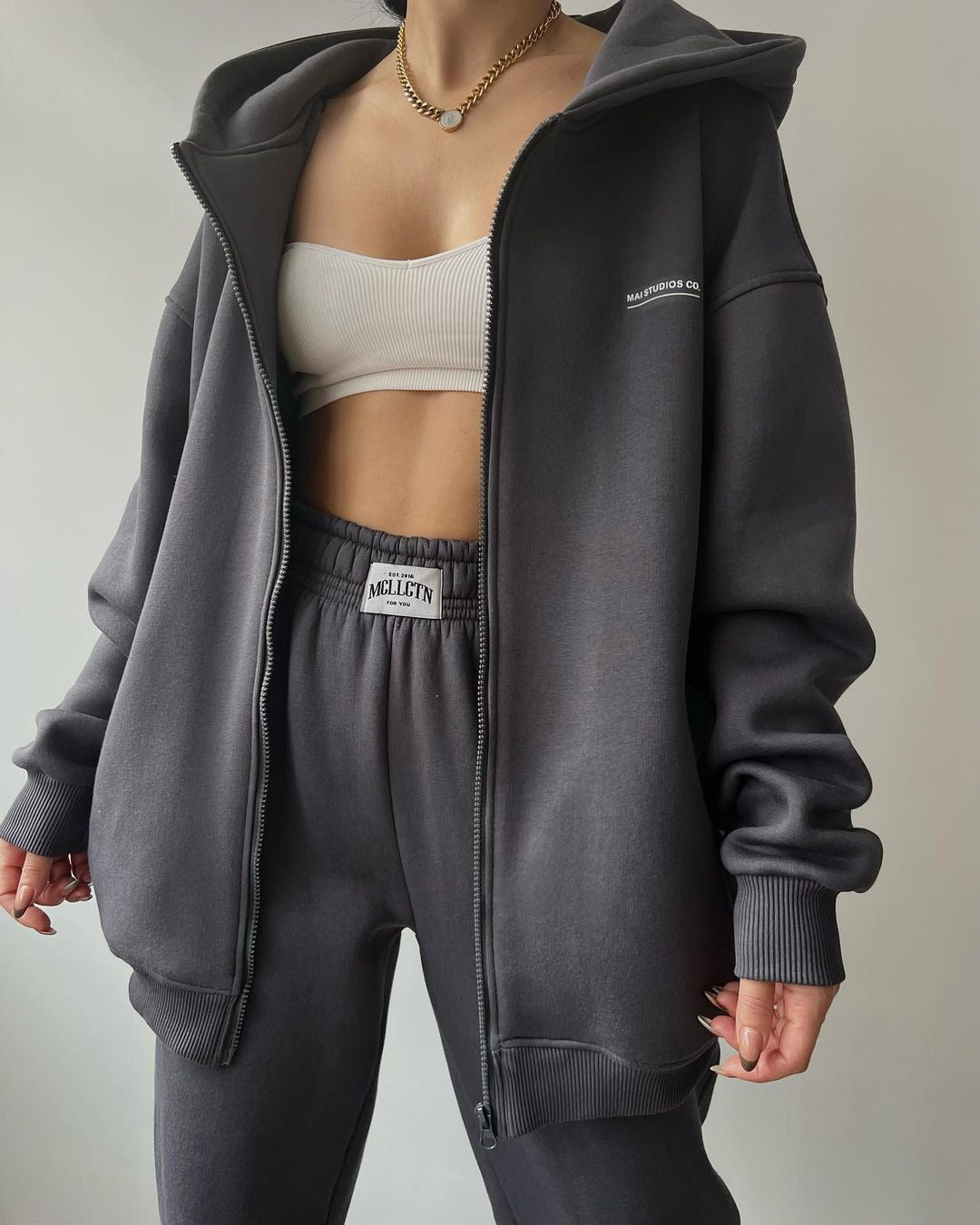 Women's Oversized Hooded Sweat Jacket and High-Waist Jogging Pants Set
