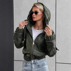 Women's Cropped Faux Leather Jacket with Contrasting Details and Elastic Hem