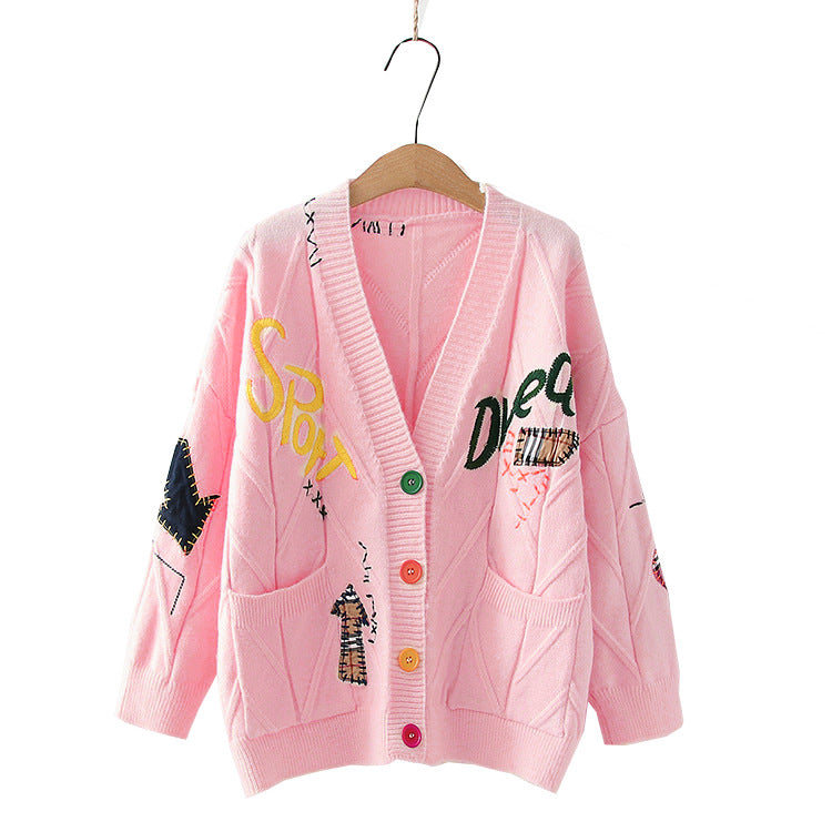 Women's Patterned Knit Cardigan with Unique Embroidery and Colorful Buttons
