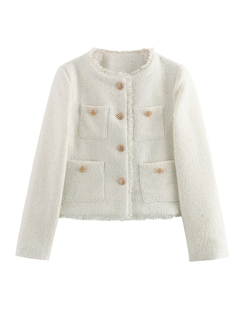 Elegant Tweed Jacket with Fringes and Decorative Buttons