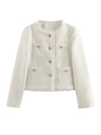 Elegant Tweed Jacket with Fringes and Decorative Buttons