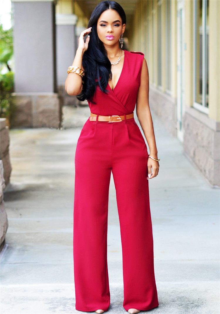 Elegant Wrap Jumpsuit with Wide Leg and Waist Belt