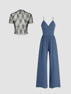 Women's Elegant V-Neck Jumpsuit with Sheer Blouse