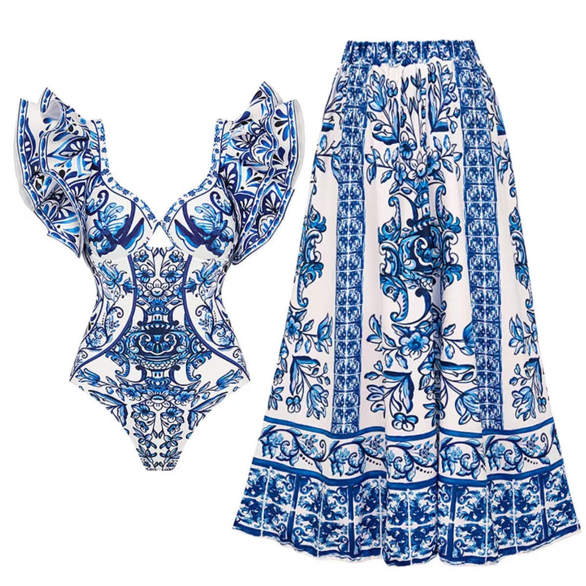 Women's Swimsuit Set with Ruffles and Wrap Skirt
