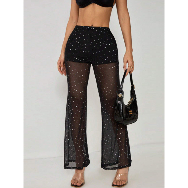 Elegant Sheer Palazzo Pants with Sparkling Accents