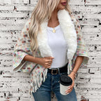 Women's Elegant Poncho with Luxurious Faux Fur Collar and Fringe