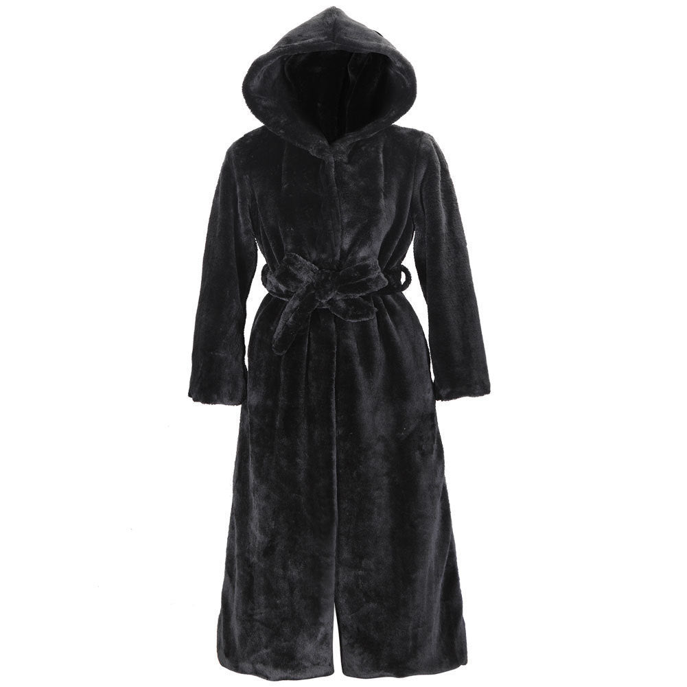 Women's Luxury Faux Fur Coat with Hood and Wide Belt