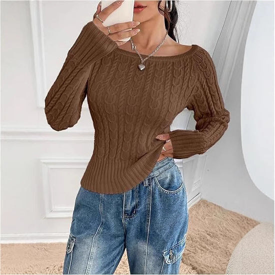 Women's Chunky Knit Sweater with Open Shoulder and Cable Knit Pattern
