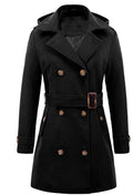 Women's Elegant Peacoat with Double-Breasted Button Placket and Waist Belt