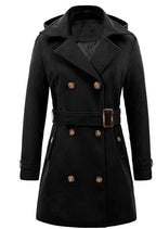 Women's Elegant Peacoat with Double-Breasted Button Placket and Waist Belt