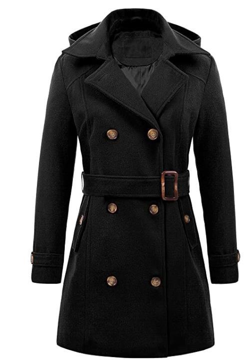 Women's Elegant Peacoat with Double-Breasted Button Placket and Waist Belt
